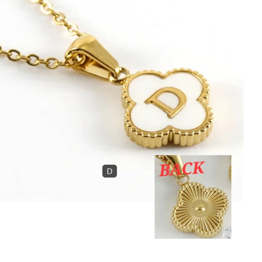 Gold Initial 'D' Clover Pendant Necklace - White & Gold